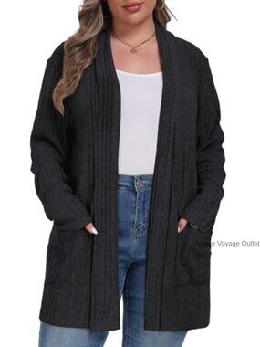 Plus Size Loose Knit Cardigan with Pockets Long Sleeve Open Front Sweater